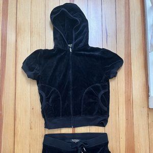 Juicy Couture black velour two piece set pajamas size small shorts and top